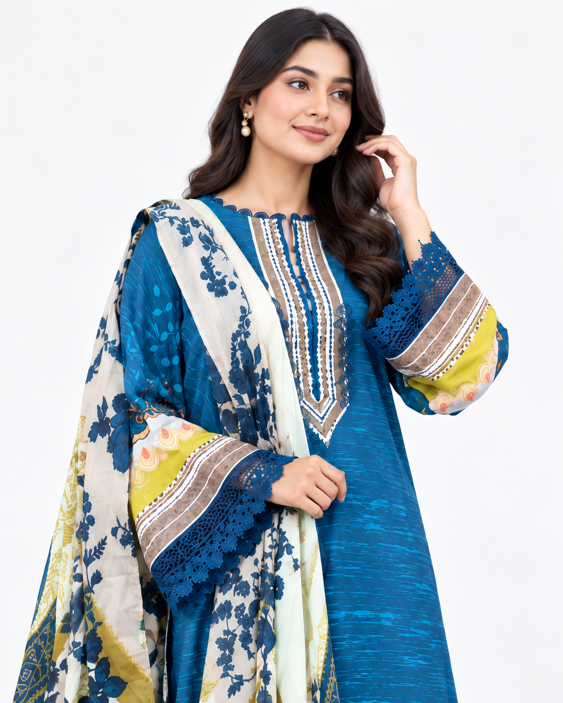 Azure Bloom Digital Print Three Piece