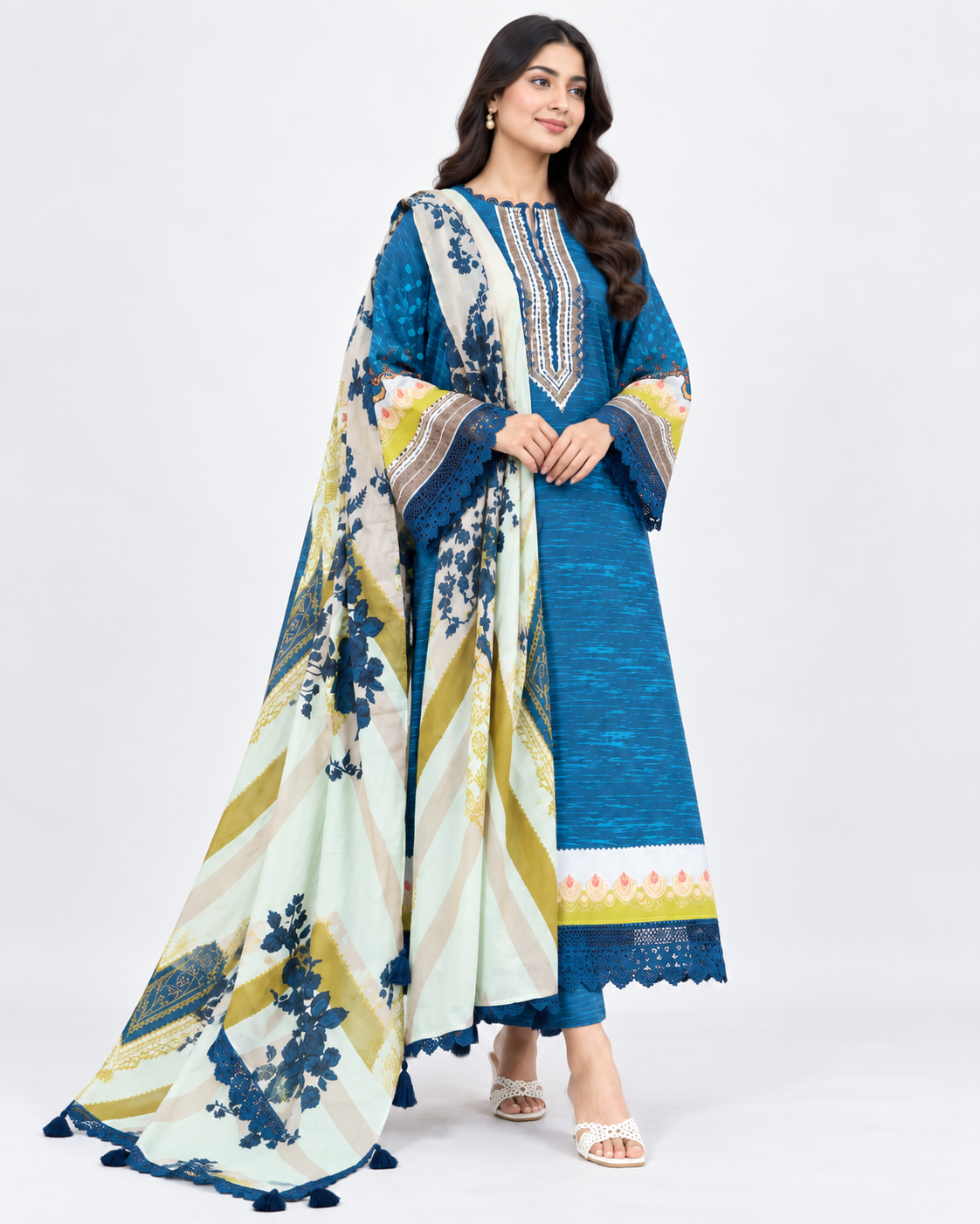 Azure Bloom Digital Print Three Piece