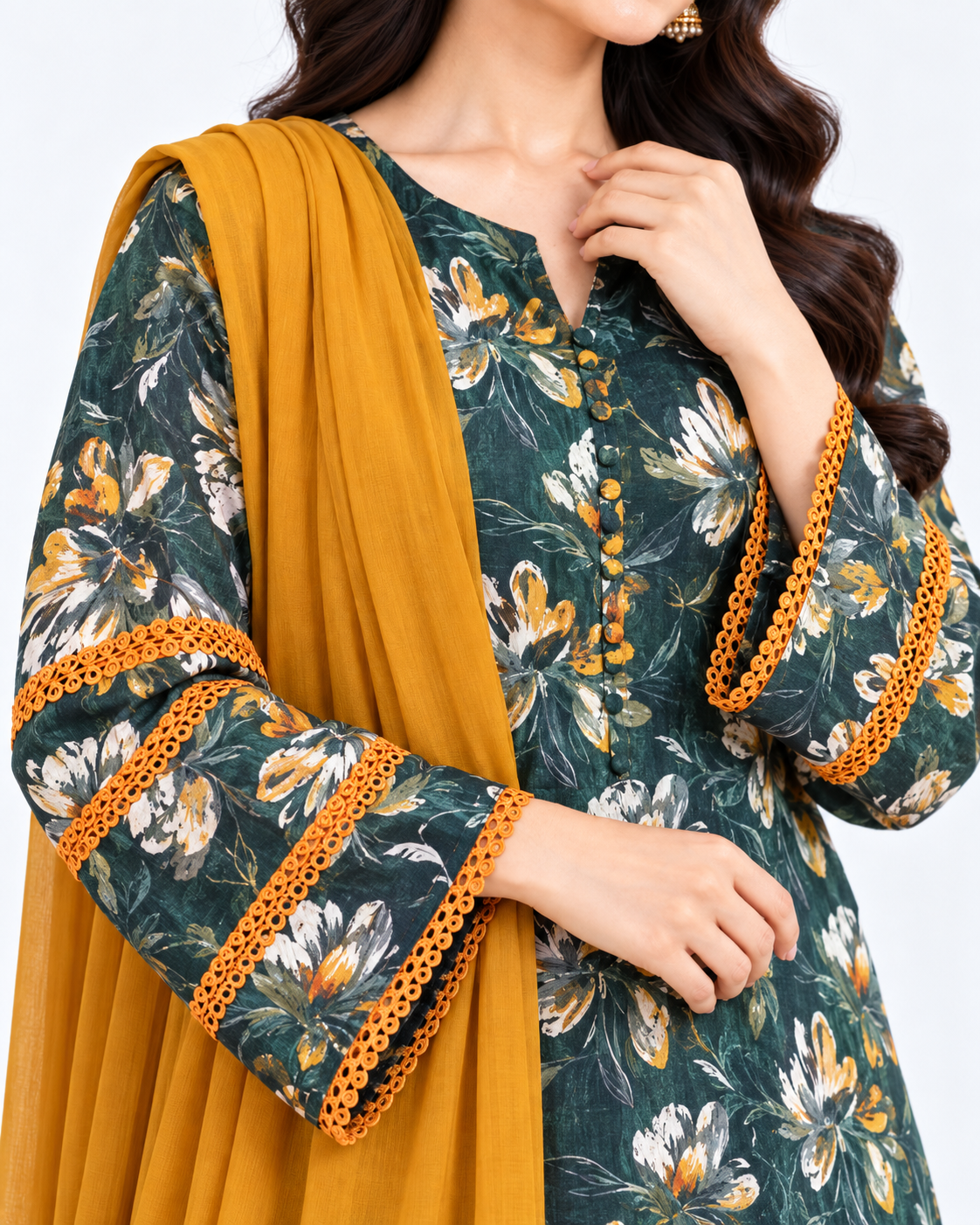 Emerald Mustard Cotton Readymade Three Piece