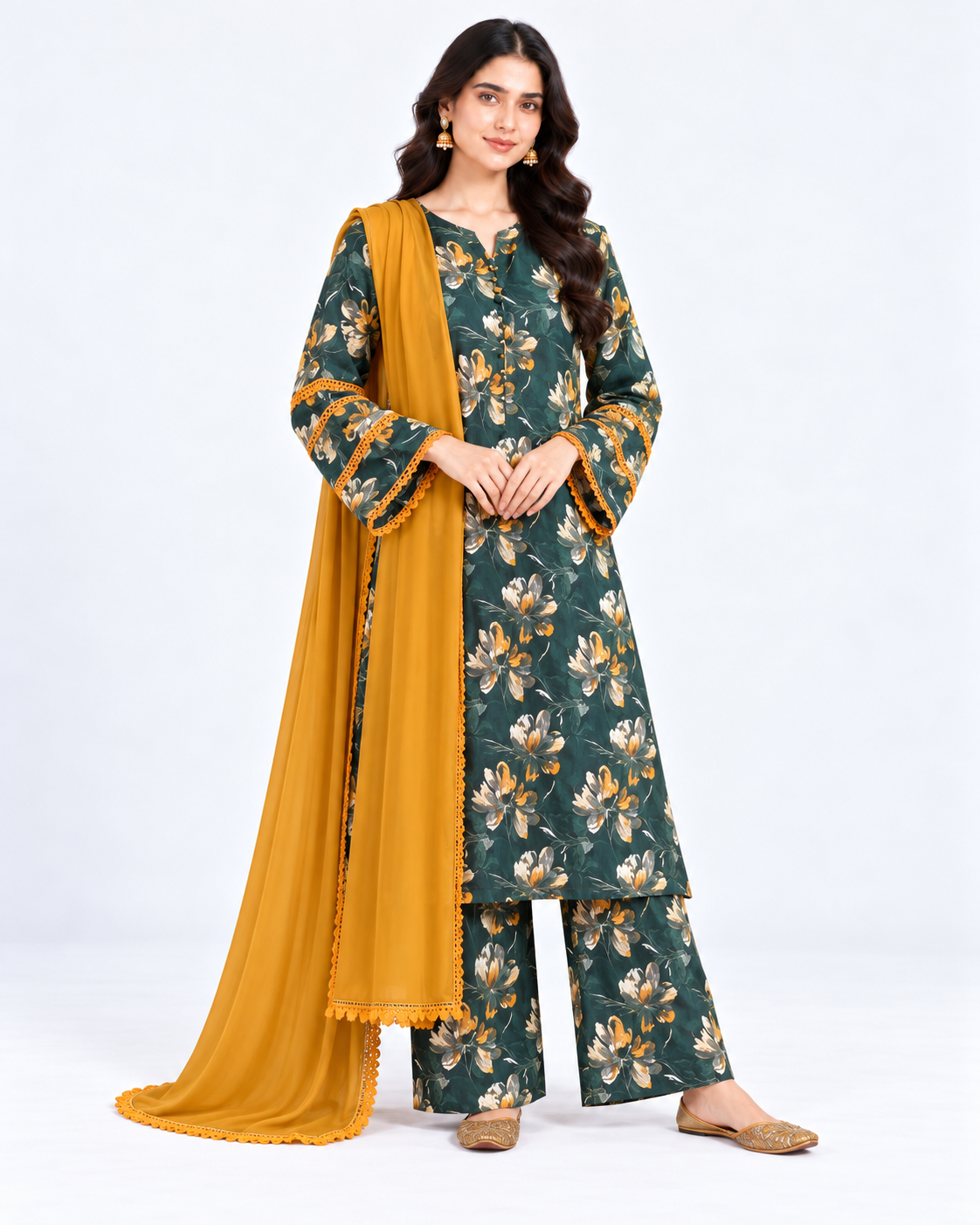 Emerald Mustard Cotton Readymade Three Piece