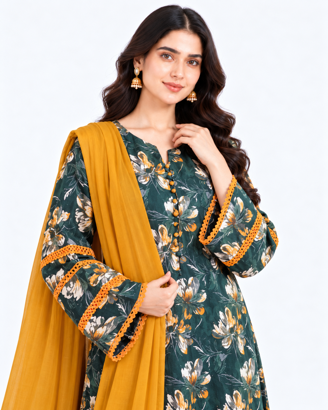 Emerald Mustard Cotton Readymade Three Piece