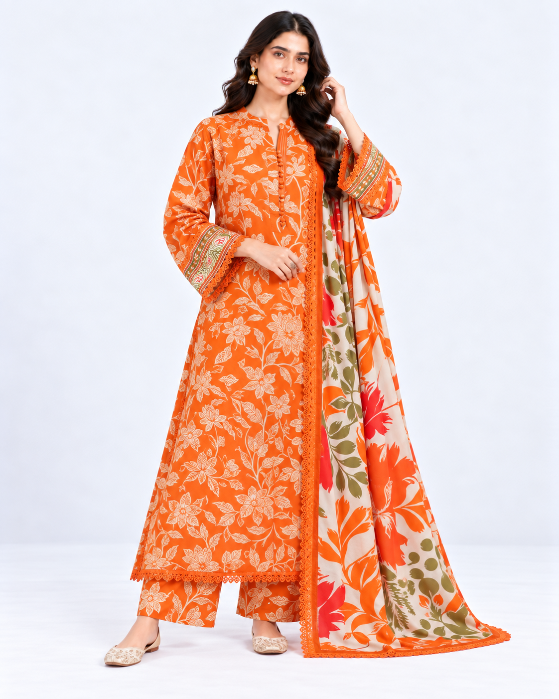 Digital Print Three Piece with Lace Work