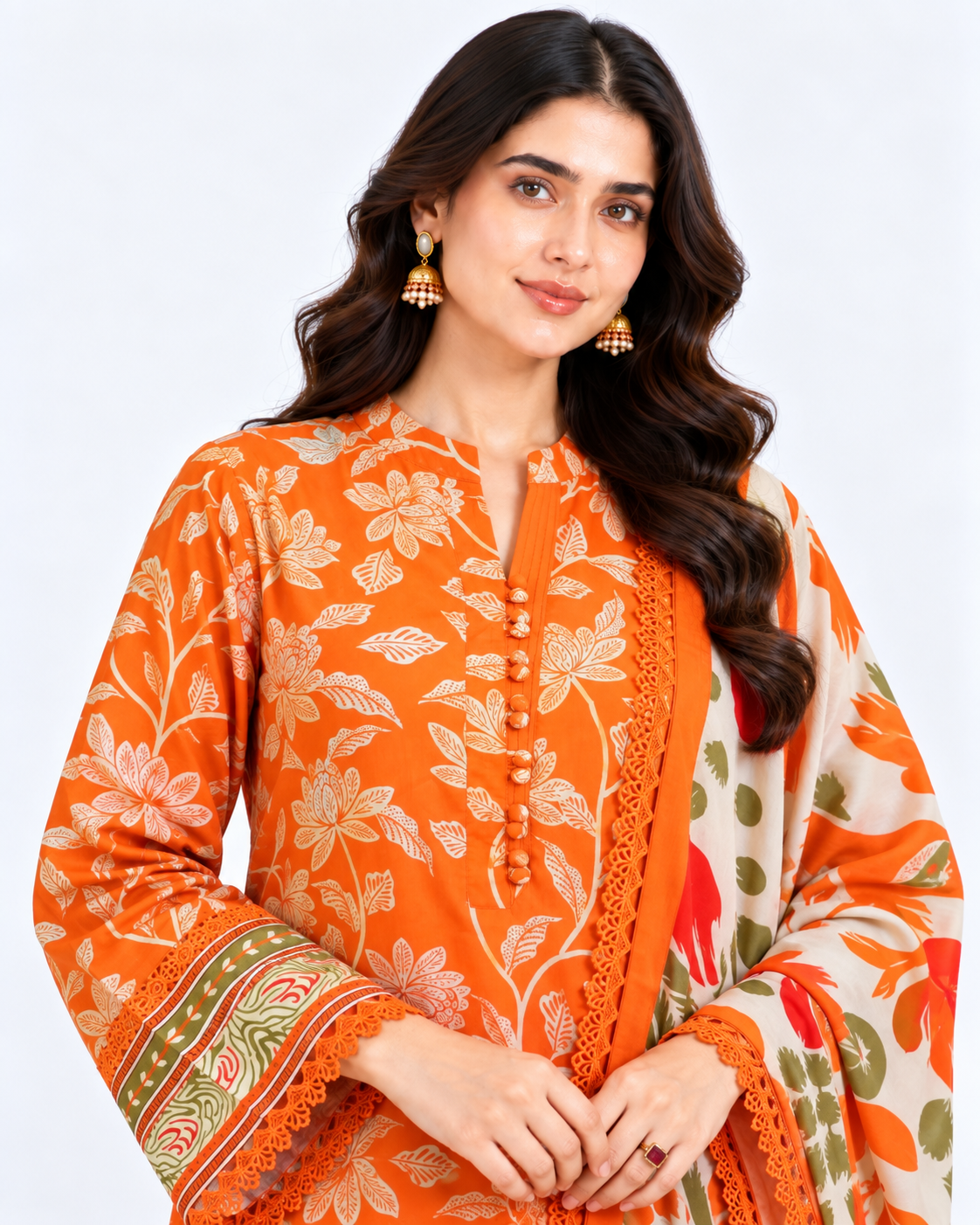 Digital Print Three Piece with Lace Work