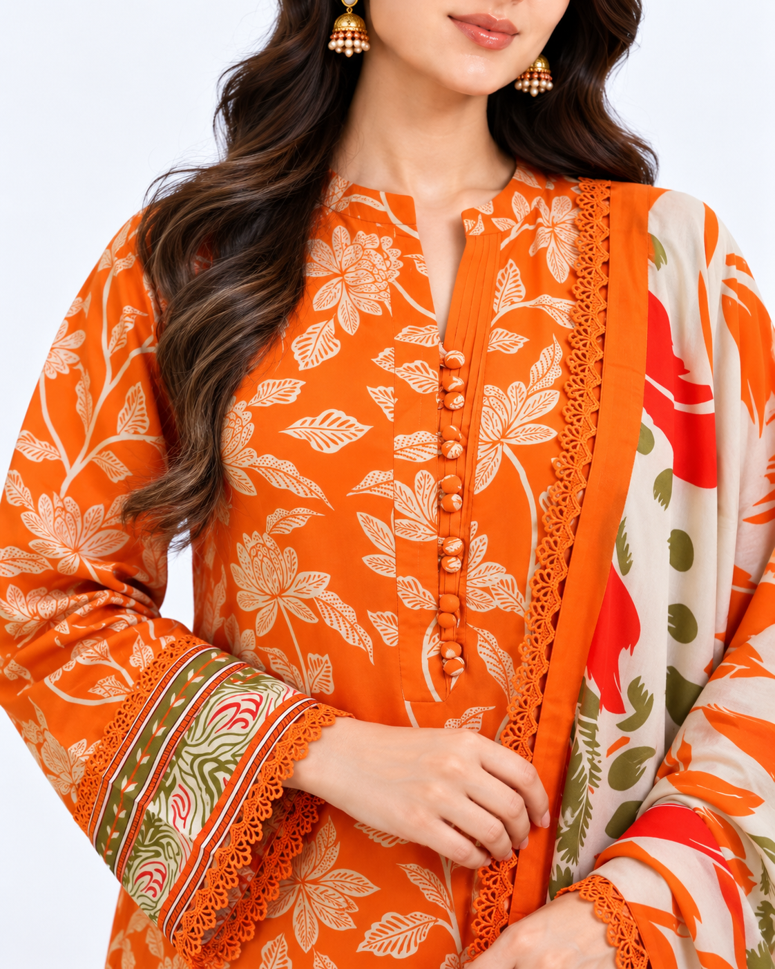 Digital Print Three Piece with Lace Work