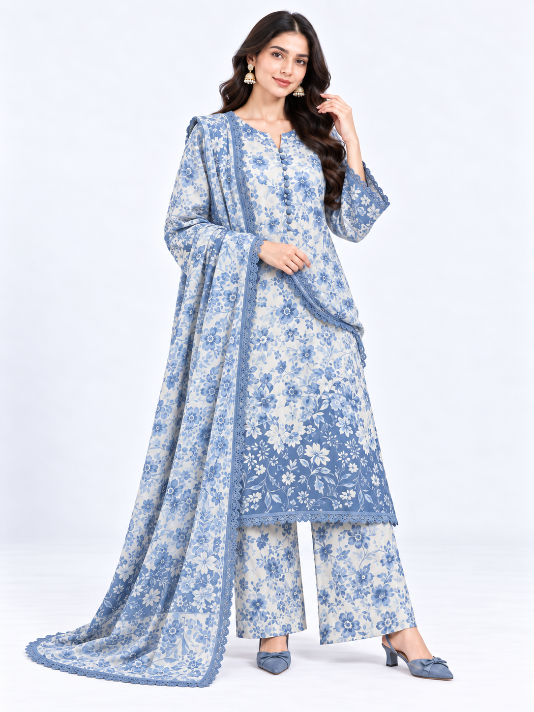 Floral Cotton Embroidery Three Piece