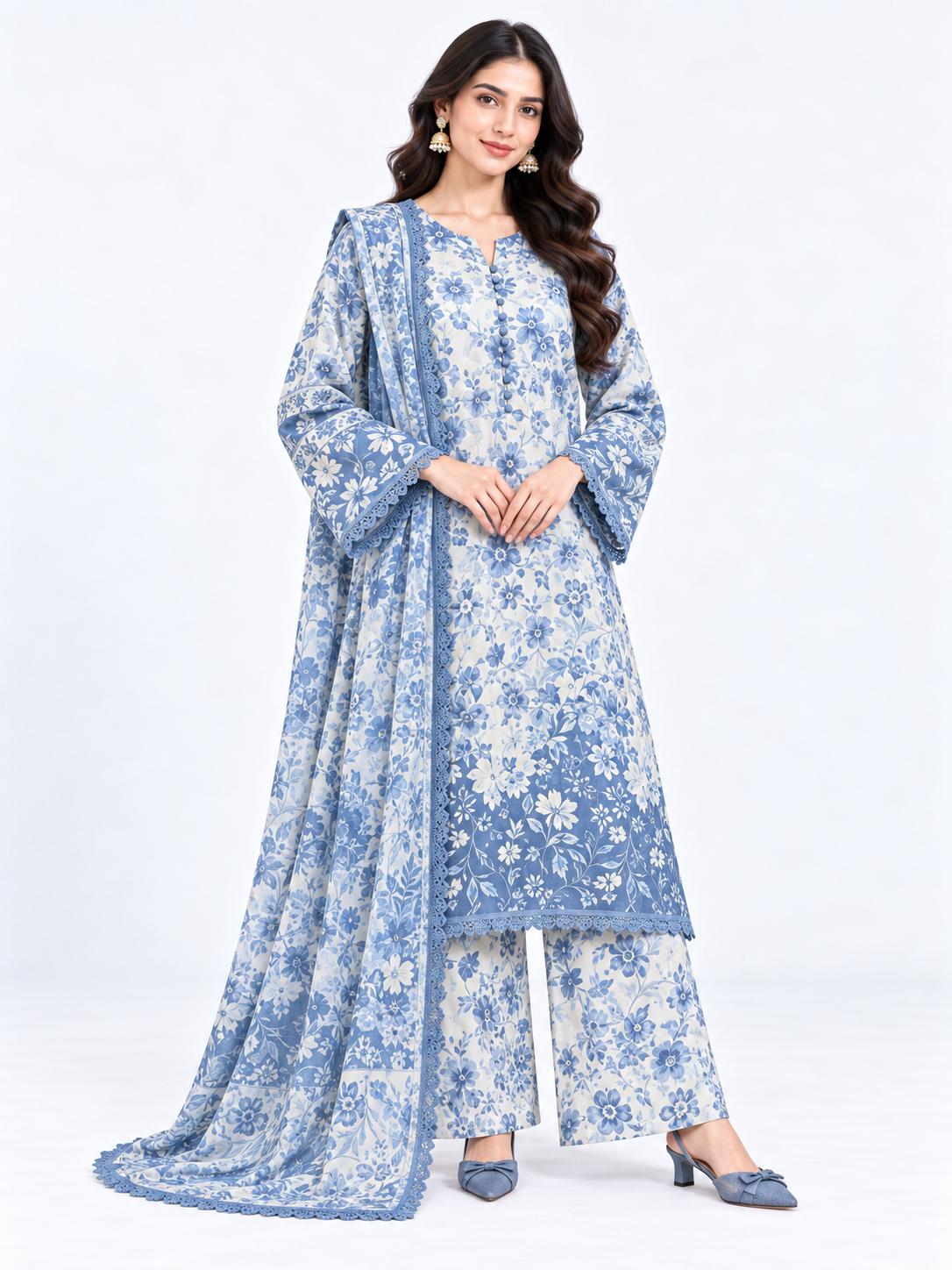 Floral Cotton Embroidery Three Piece