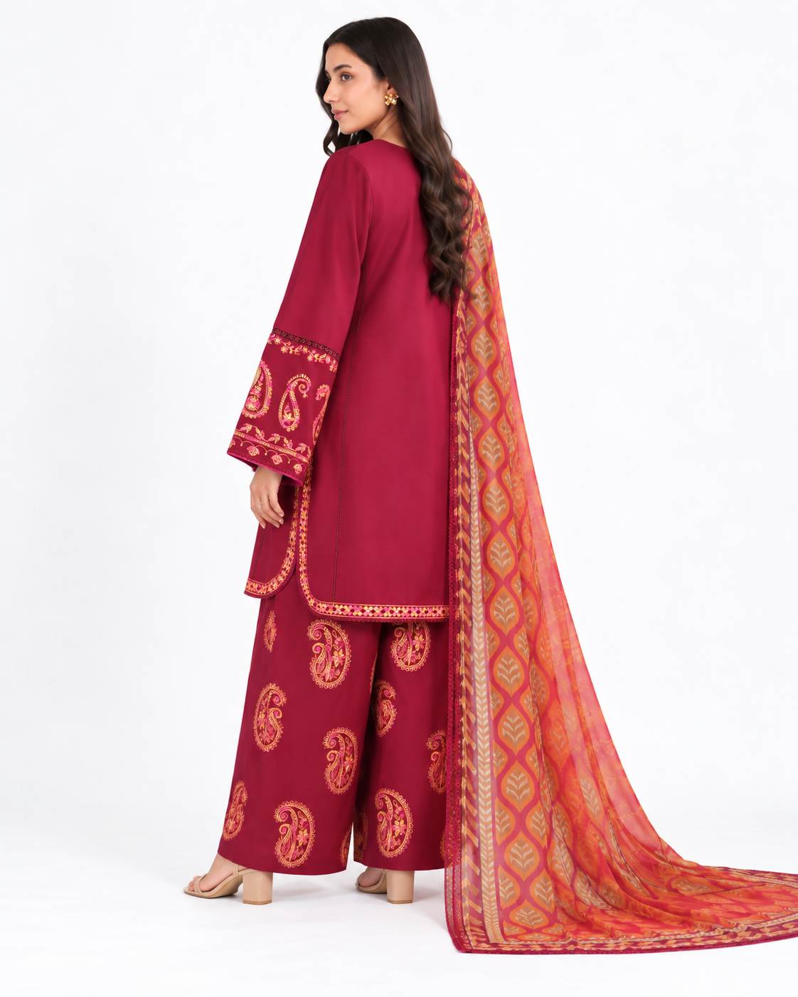 Royal Maroon Digital Printed Three Piece