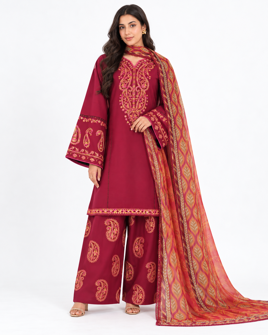 Royal Maroon Digital Printed Three Piece