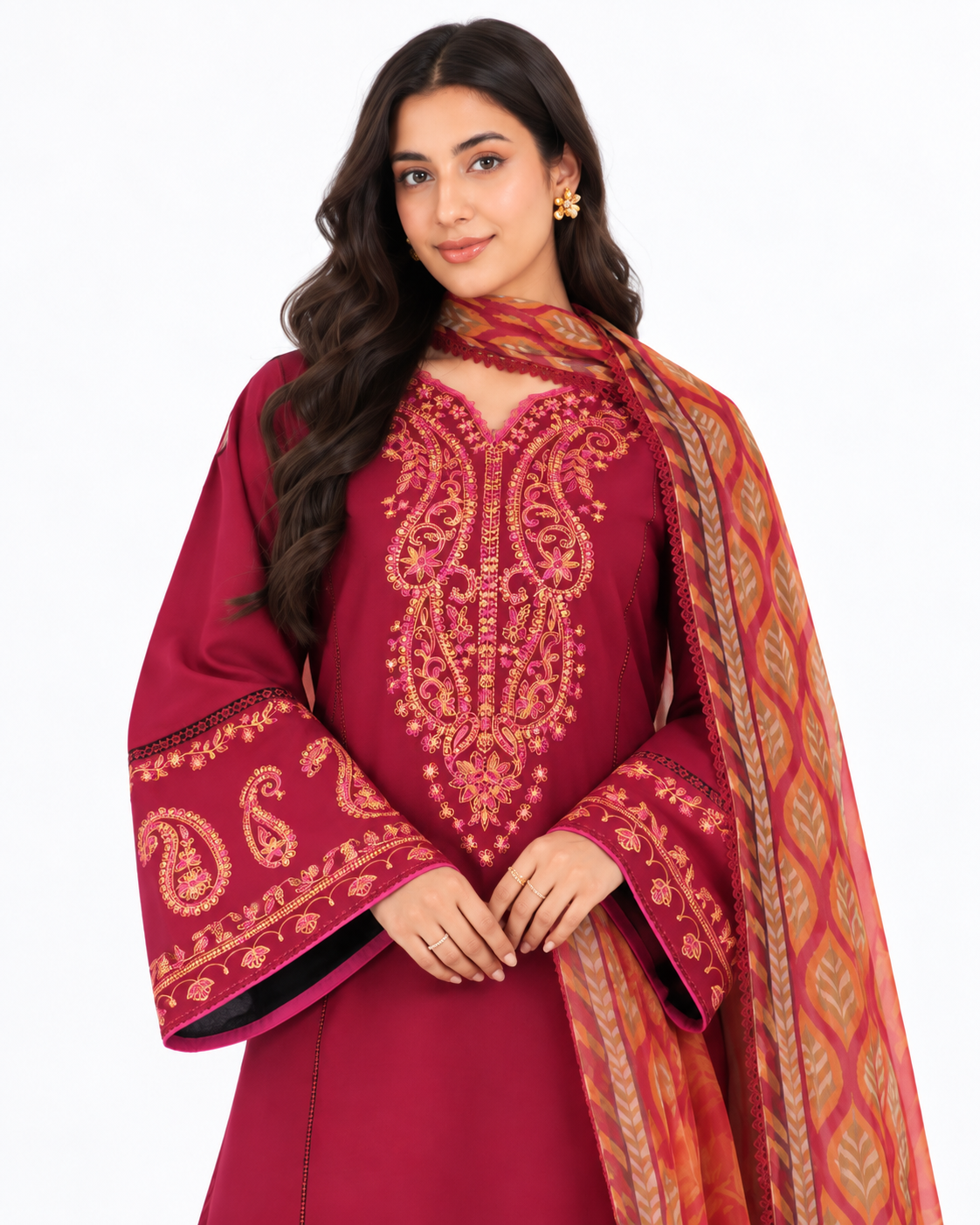 Royal Maroon Digital Printed Three Piece
