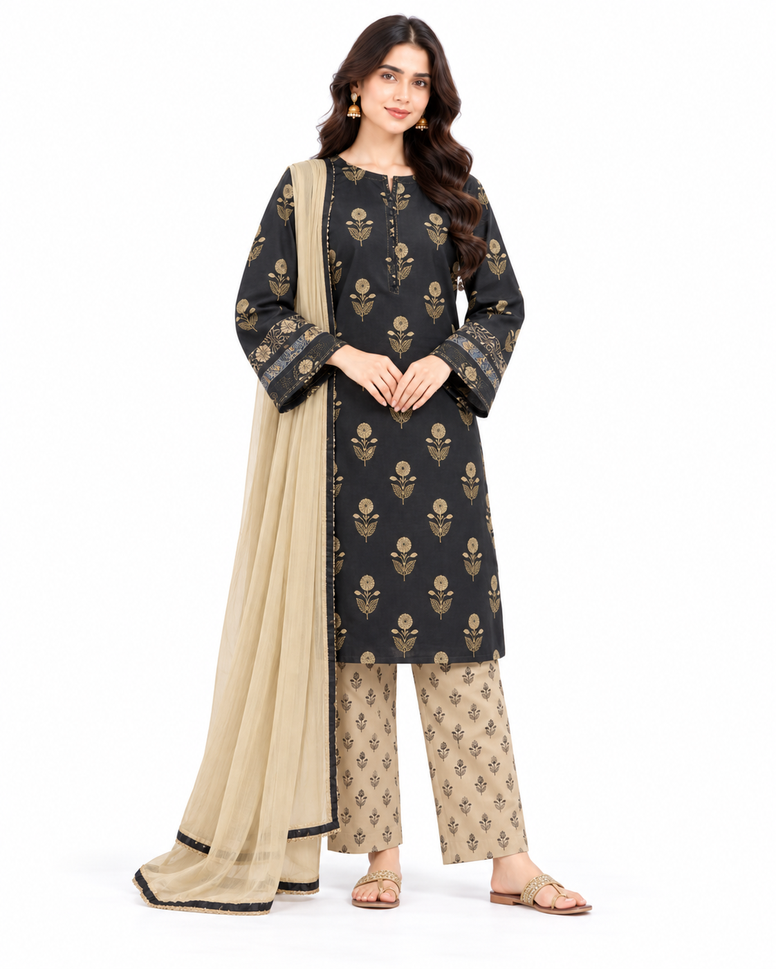 Black Gold Digital Printed Three Piece