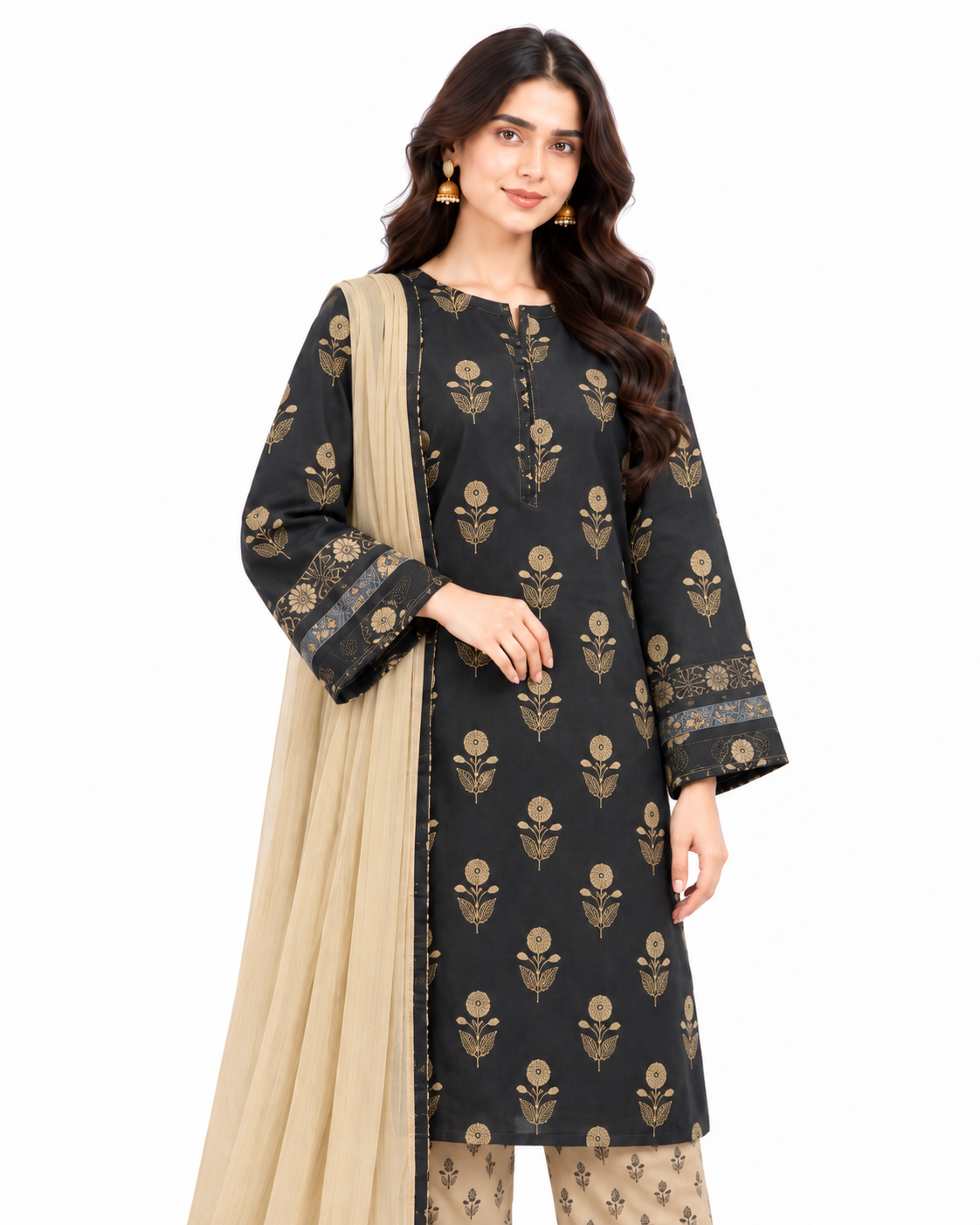 Black Gold Digital Printed Three Piece