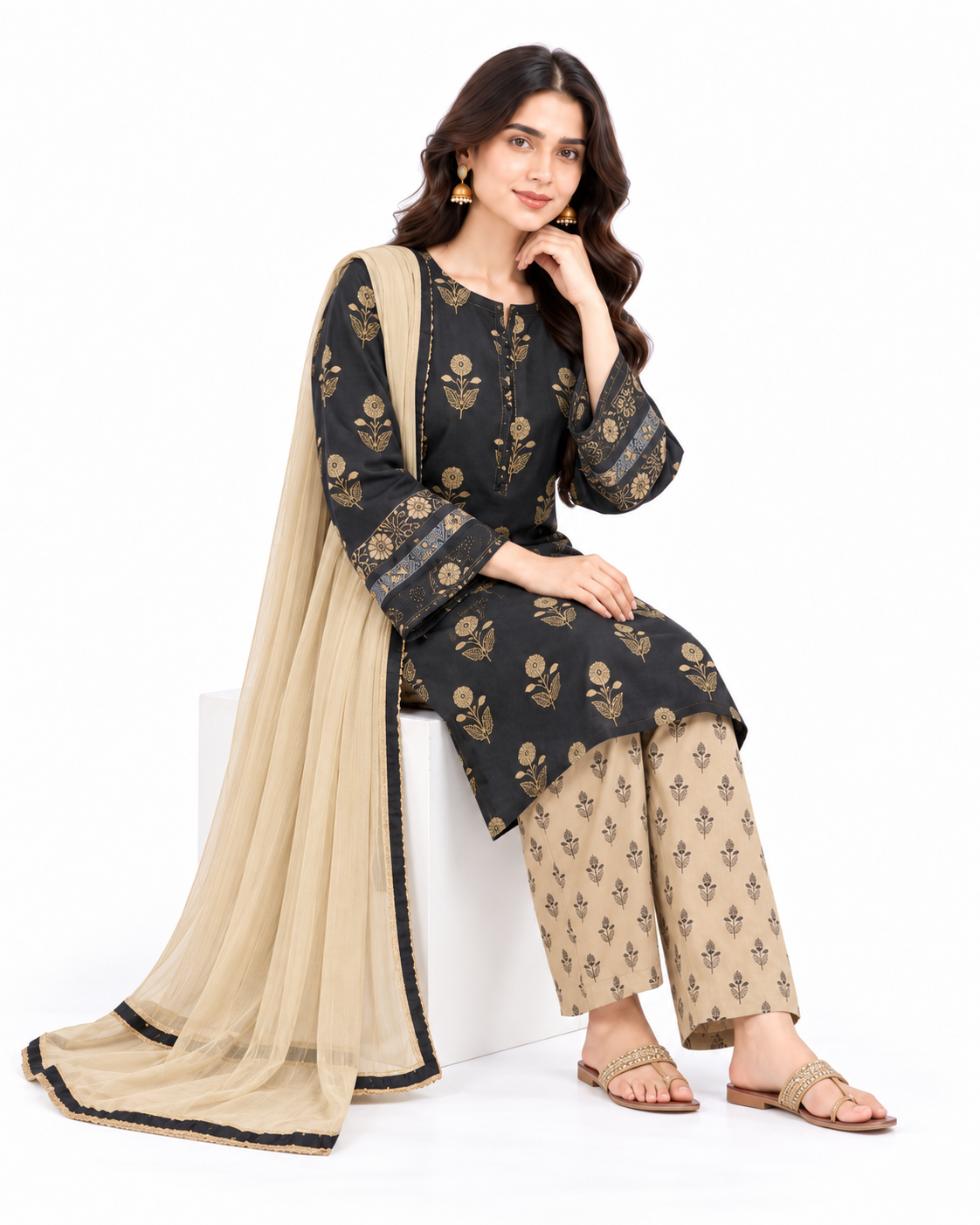 Black Gold Digital Printed Three Piece