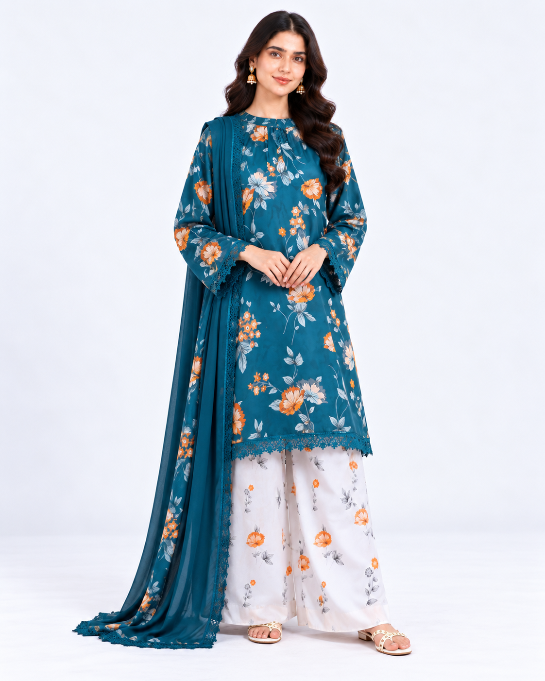 Teal Bloom Digital Printed Three Piece