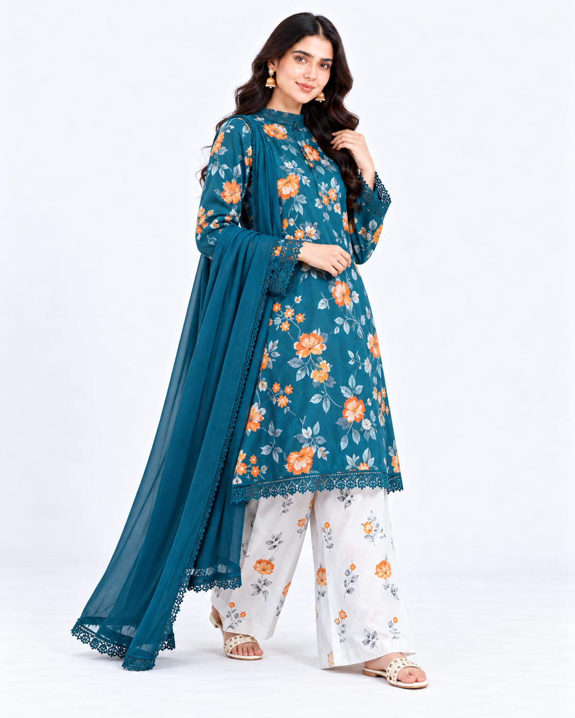Teal Bloom Digital Printed Three Piece