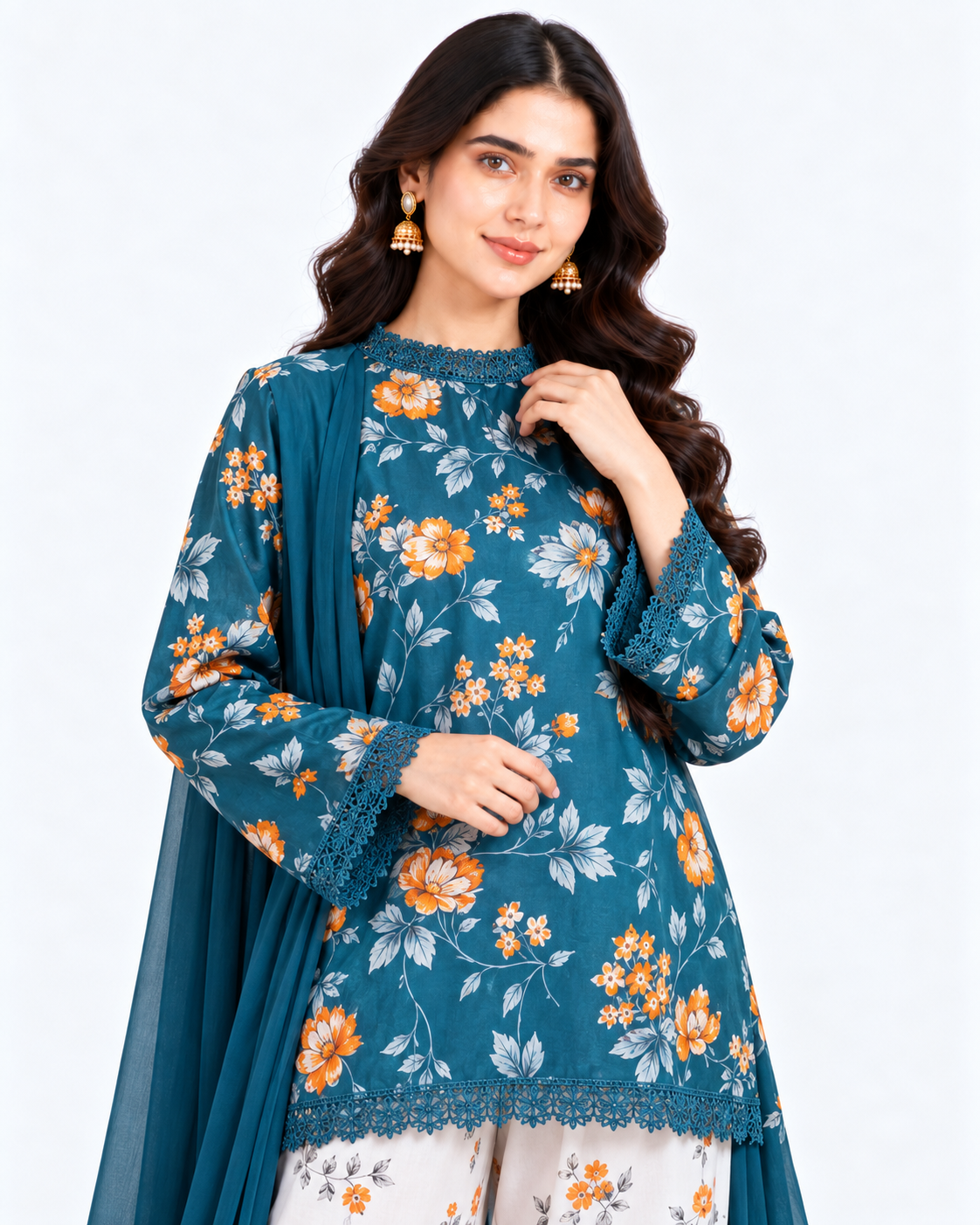 Teal Bloom Digital Printed Three Piece