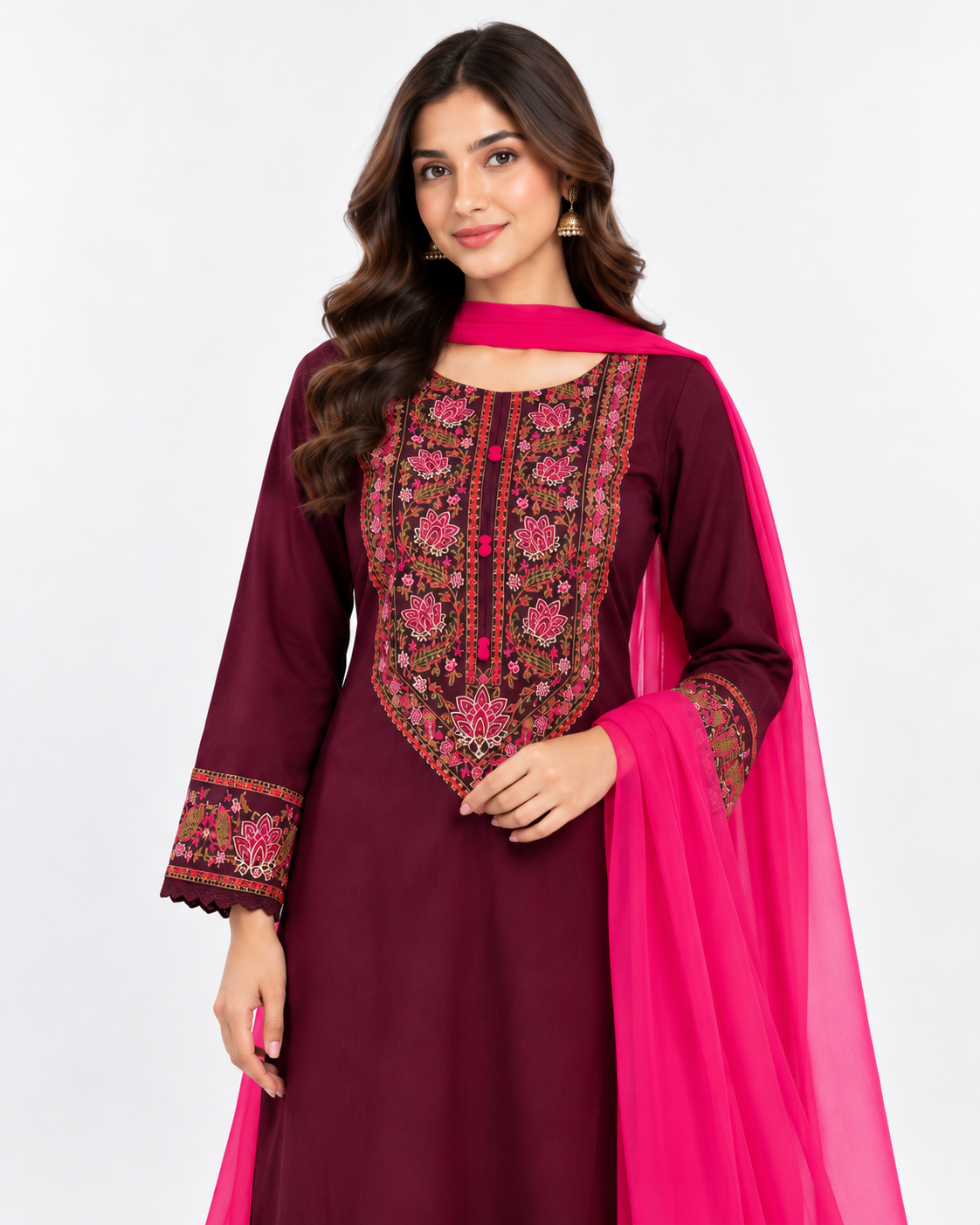 Elegant Cotton Embroidery Three Piece