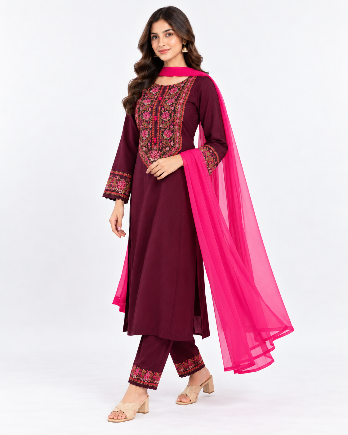 Elegant Cotton Embroidery Three Piece