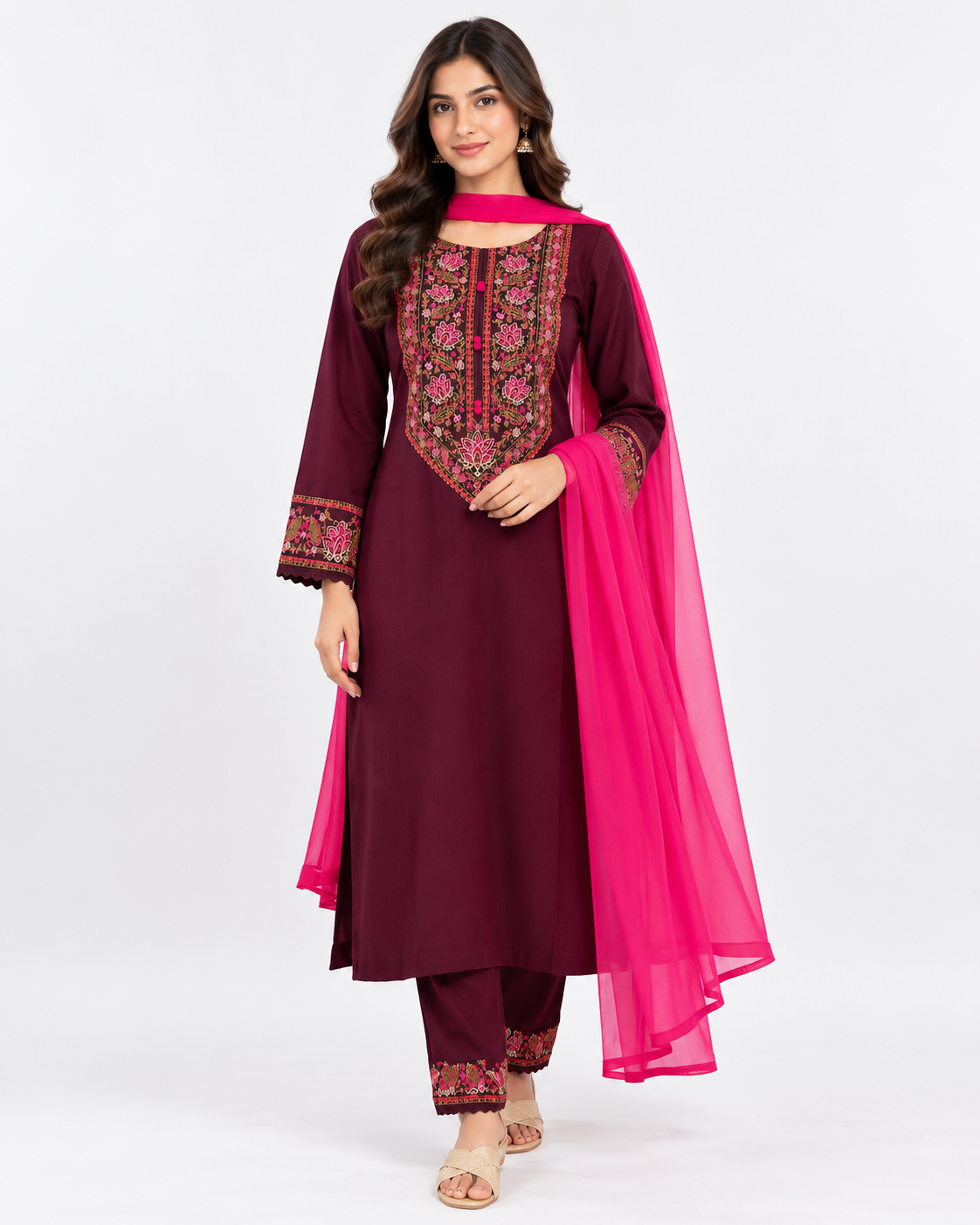 Elegant Cotton Embroidery Three Piece