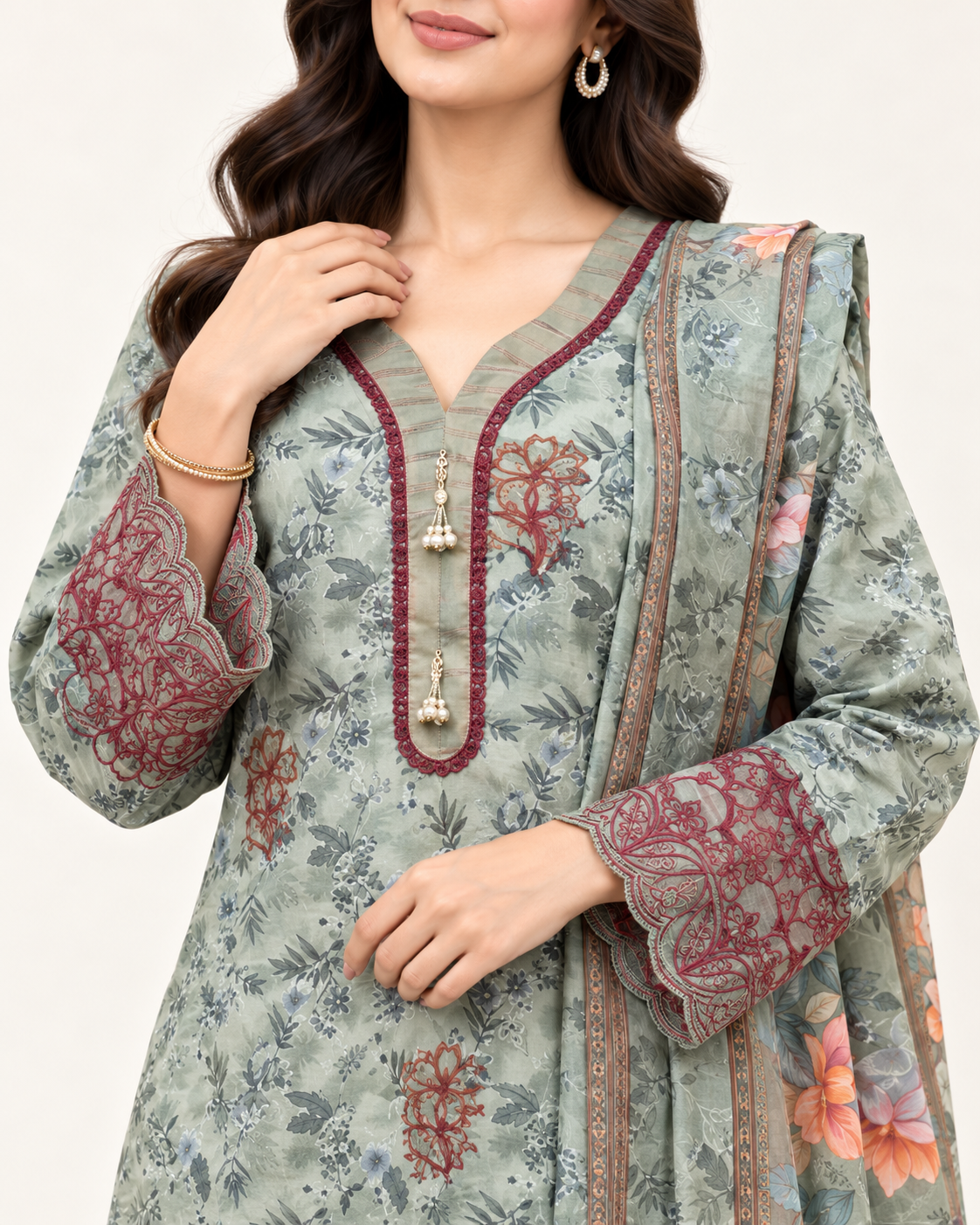 Pakistani Sage Bloom Laser Cut Readymade Three Piece