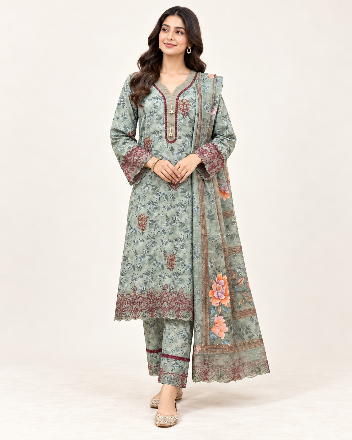 Pakistani Sage Bloom Laser Cut Readymade Three Piece